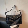 Minimalist black PU leather tote bag with gold metal buckle and zipper closure - Black