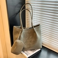 Olive green suede tote bag set with matching small zipper pouch and long top handles - Green