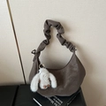 Minimalist coffee brown large crescent shoulder bag with a cute white rabbit pendant - Coffee with Pendant