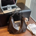 Large dark brown leather hobo shoulder bag with a cute teddy bear charm pendant - Coffee (With Pendant)