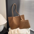 Brown faux suede large tote bag with matching trapezoid clutch bag set in warm lighting - Brown No Pendant