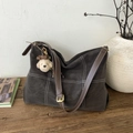 Détail du grand sac gris avec surpiqûres blanches et pendentif chien en peluche sur bois - Avec Pendentif / ébène