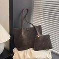 Dark grey matte faux suede large tote bag set with matching zippered clutch bag - Ebony without Pendant