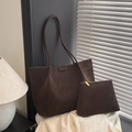 Dark brown large capacity tote bag with matching pouch in high-quality suede texture - Coffee without Pendant