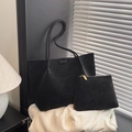 Matte black large tote bag and small pouch set in minimalist modern indoor setting - Black without Pendant