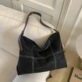 Retro black matte leather large hobo tote bag with white contrast stitching details - No Pendant / Black