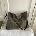 Olive green frosted tote bag with white grid stitching and adjustable brown strap - Green