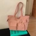 Pink corduroy tote bag with large external pockets and top shoulder handles for women - Pink