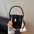 Vintage black suede bucket bag with gold clasp and cute brown bear charm - Black with Pendant
