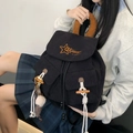 Zaino in velluto nero con ricamo a stella e manico in peluche marrone stile scuola - Nero con ciondolo