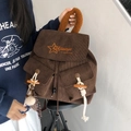 Zaino in velluto a coste marrone con manici in peluche e ricamo a stella arancione - Marrone con ciondolo
