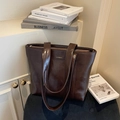 Polished dark brown faux leather tote bag with vintage finish and double handles - Coffee