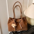 Brown matte suede tote bag with leather straps and a cute teddy bear charm hanging - Brown with Pendant