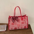 Borsa tote da damigella d'onore rossa e rosa con motivo a doppia felicità e foulard - Rosso