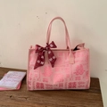 Borsa da sposa in tela rosa con stampa Doppia Felicità ed elegante fiocco rosso - Rosa