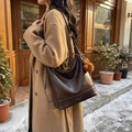 Dark brown leather tote bag with a cute bear plush charm and adjustable shoulder strap - With Charm / Coffee