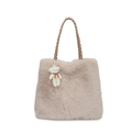 Beige Webpelz-Einkaufstasche mit braunen Ledergriffen und süßem Bären-Anhänger - Mit Anhänger / Khaki