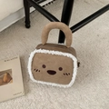 Brown faux suede mini tote bag with white plush trim and embroidered smiley face detail - Khaki Large