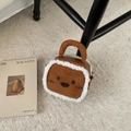 Brown fuzzy mini bag with cartoon embroidery and cream faux shearling trim accents - Brown Small