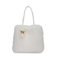 Fuzzy white plush tote bag with woven handles and a cute teddy bear charm pendant - With Pendant / White