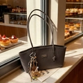 Retro grey tote bag with bear charm pendant and spacious interior for daily commute - With Charm / Coffee