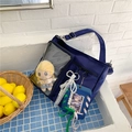 Dettaglio della borsa Ita blu scuro con finestra trasparente, peluche anime e ciondoli decorativi - Blu scuro