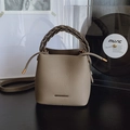 Taupe large bucket bag with pebbled leather texture and woven handle - Elephant Gray without Charm