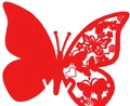 Red laser-cut butterfly place card with intricate floral and heart hollow patterns - Pearlescent Red