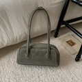 Olive green leather underarm bag with white contrast stitching and gold lettering - No Pendant / Green