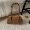 Minimalist brown leather underarm bag with contrast stitching and shoulder strap - No Pendant / Brown