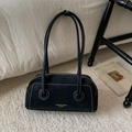 Black leather underarm bag with white contrast stitching and gold fashion lettering - No Pendant / Black