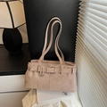 Retro-Eimertasche aus beigem Wildleder mit eleganter Schnalle und schmalen Trägern - Beigegrau