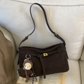 Retro dark brown suede shoulder tote bag with gold buckle and cute plush bear charm - Brown with Pendant