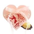 Pink heart-shaped hollow laser cut wedding candy box with rose pattern and ribbon - Pink
