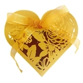 Golden heart-shaped laser-cut candy gift box with floral pattern and ribbon bow - Gold