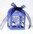 Light blue laser-cut reindeer candy box with snowflake patterns and dark blue silk ribbon - Sapphire Blue