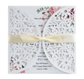 Invitation de mariage élégante avec dentelle découpée au laser et ruban de champagne - Blanc