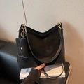 Women's black suede tote bag with wide shoulder strap and detachable coin purse pouch - Black