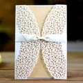 Elegant laser-cut wedding invitation with intricate floral sleeve and rustic kraft card - White + Kraft Inner Page