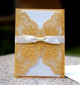 Lace laser-cut wedding invitation card with yellow floral patterns and a white silk bow - Gold Yellow