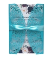 Detail of laser-cut navy blue wedding invitation with satin bow and floral insert card - Tiffany Blue