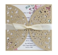 Invitation de mariage découpée au laser avec pochette beige et nœud en ruban blanc - Beige Or