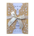 Golden laser-cut butterfly wedding invitation card with elegant cream white ribbon bow - Gold