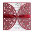 Detailed laser-cut floral wedding invitation in burgundy with red ribbon and insert card - Dark Red