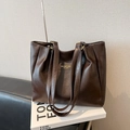 Retro deep brown leather tote bag with glossy finish and long shoulder strap for women - Brown