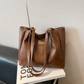 Minimalist brown PU leather tote bag with vintage metal rings and brand plaque - Brown