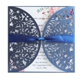 Detail of laser cut navy blue wedding invitation with satin ribbon and floral insert - Deep Blue