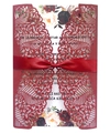 Detail of laser-cut wedding invitation with burgundy floral lace and a red silk ribbon bow - Dark Red