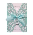 Detail of laser-cut tiffany blue invitation folder with pink card and blue satin bow - Tiffany Blue