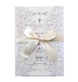 Elegant white laser-cut butterfly wedding invitation with ribbon and cross detail - White